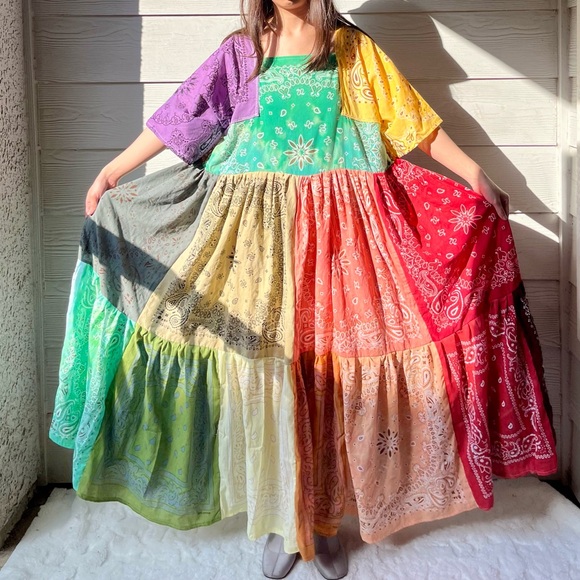 Rainbow | Handmade Earthy Voluminous Maxi Bandana Dress SKU 04294 - Picture 4 of 16
